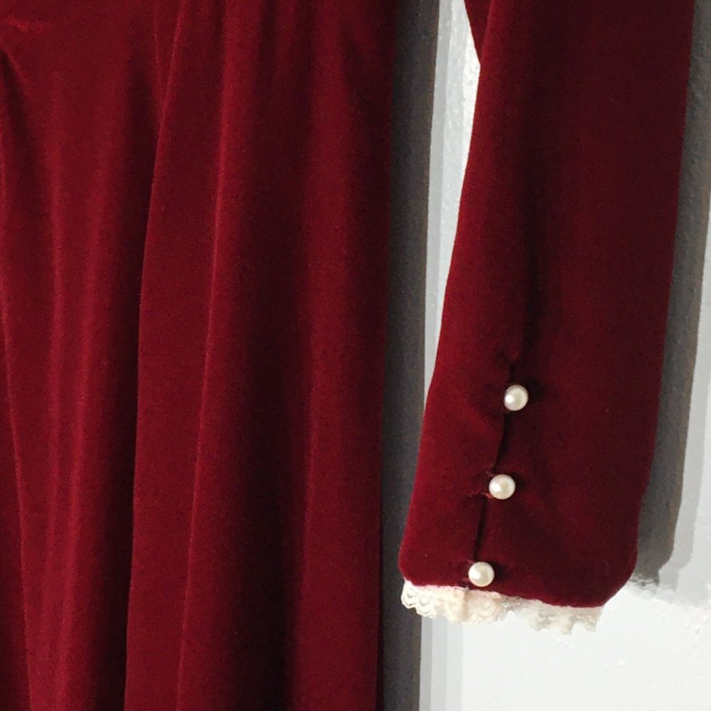 Vintage 60s 70s Victorian Velvet Maroon Maxi Dress, High Lace Neck, Steampunk - Picture 6 of 11